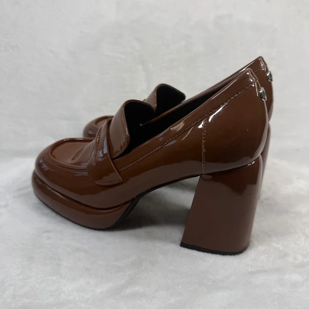 Nine West Brown Patent‎ Leather Chunky Platform Penny Loafer Heels Square Toe 6